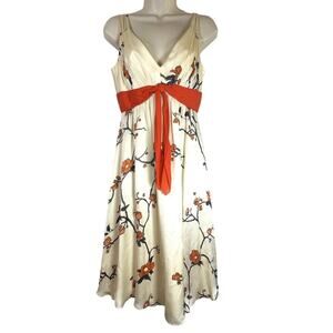 Kay Unger New York Sleeveless V Neck Floral rust Red Sash Bow Dress 4โ GUC